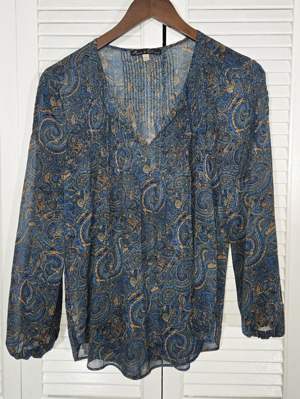 Rose + Olive Blue Orange Long Sleeve Paisley Sheer Boho v Neck Blouse Sz S